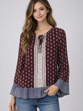 Lucky Brand Boho Peasant Blouse Small Burgundy Floral Tie Front Ruffle Hem Top